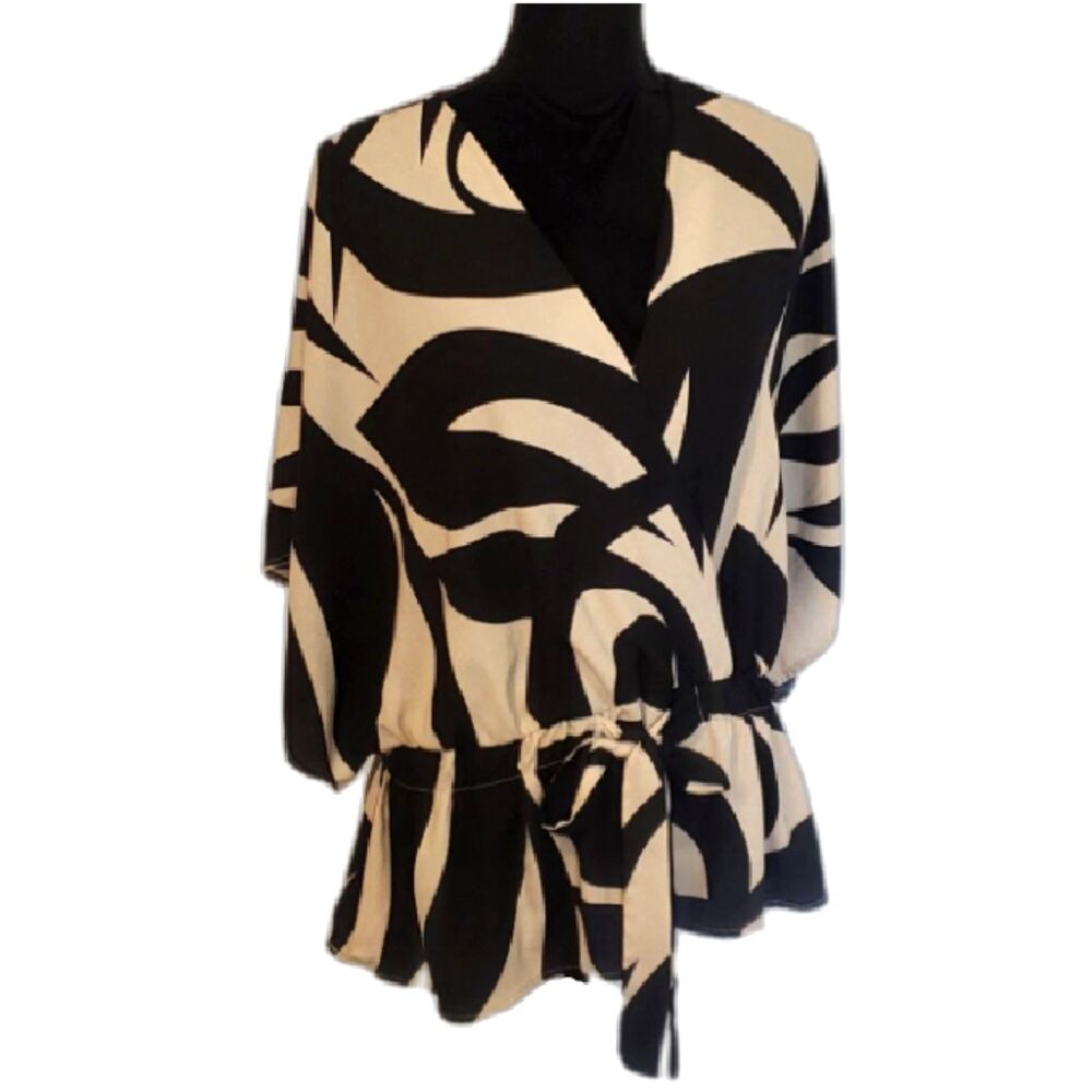 Sweet Rain Black Tan Elastic tie Waist Dolman Sleeve Pull-Over Top Size 2X